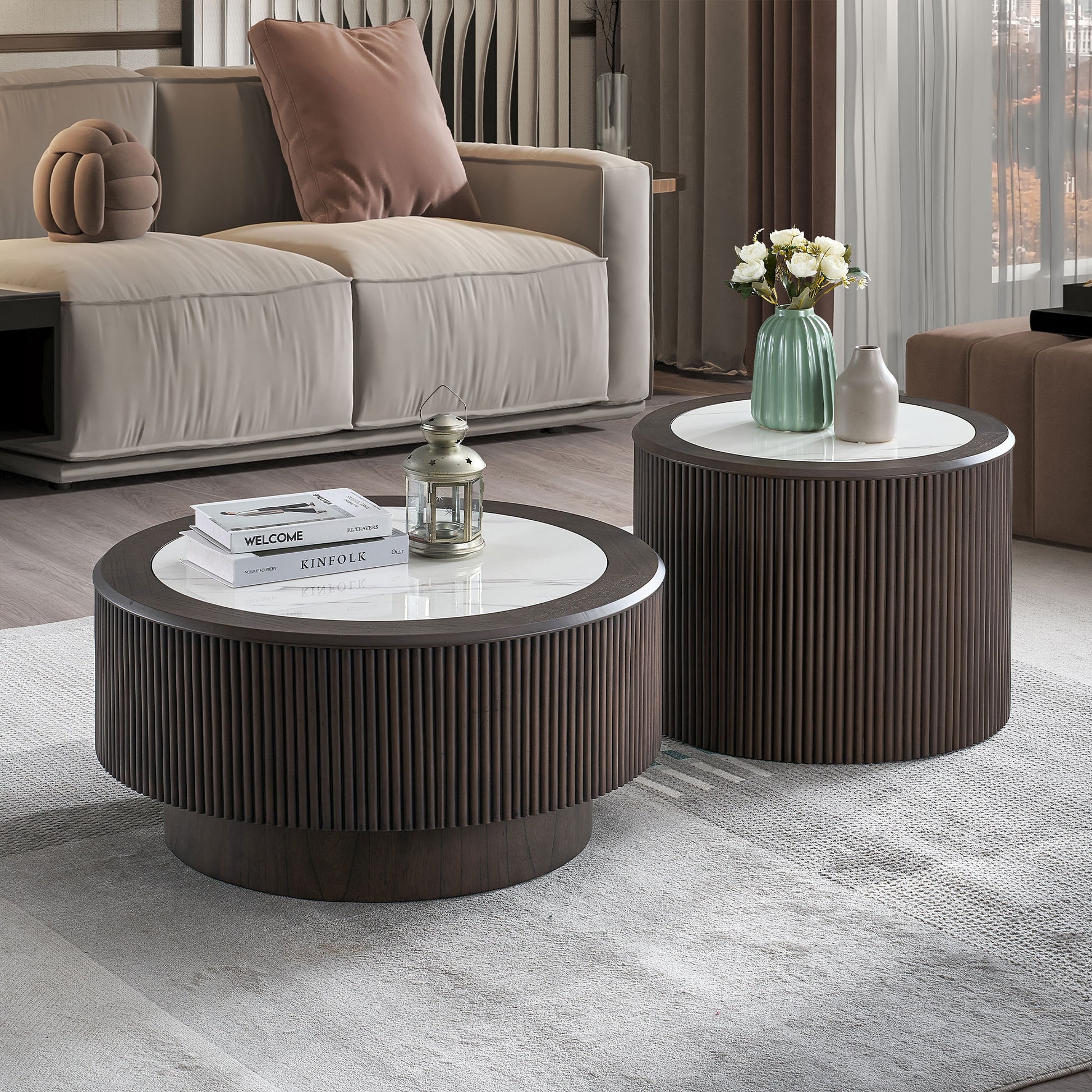 Dark Brown Marble Coffee Table Set featuring round MDF pedestal design, perfect for modern home interiors and versatile use.