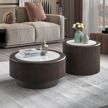 Dark Brown Marble Coffee Table Set featuring round MDF pedestal design, perfect for modern home interiors and versatile use.