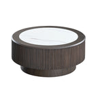 35.43 inch round MDF coffee table with white marble top and dark brown ribbed base, part of modern table set for living rooms.