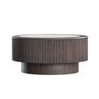 Modern design dark brown MDF coffee table with marble top and pedestal base, ideal for stylish home or office settings.