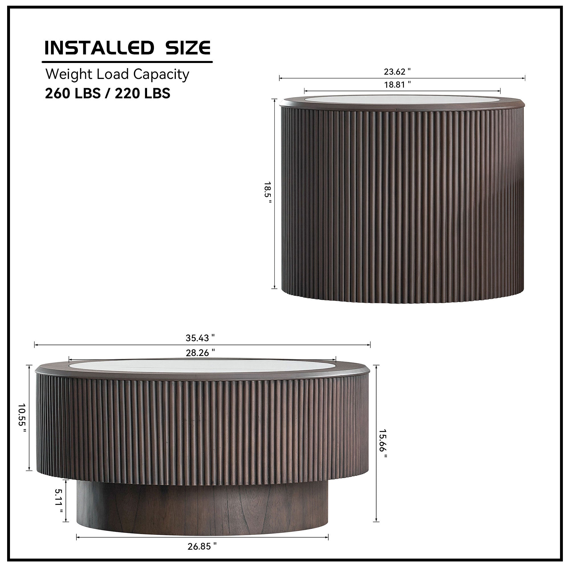 Size chart of Dark Brown Marble Table Set showing dimensions and weight capacity for 35.43 and 23.62 inch round MDF coffee tables.