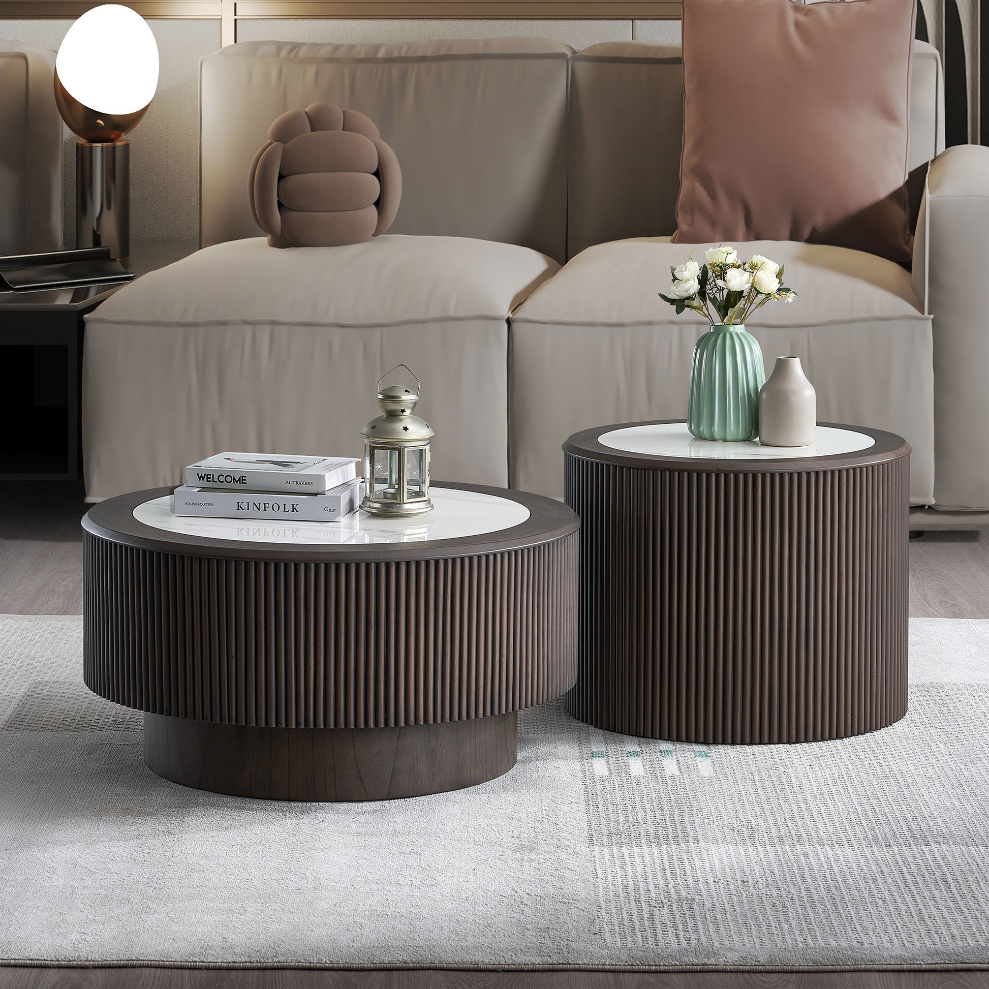 Dark Brown Marble Table Set with modern ribbed MDF base, includes 35.43 and 23.62 inch round coffee tables for stylish living room decor.