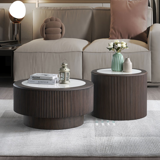 Dark Brown Marble Table Set with modern ribbed MDF base, includes 35.43 and 23.62 inch round coffee tables for stylish living room decor.