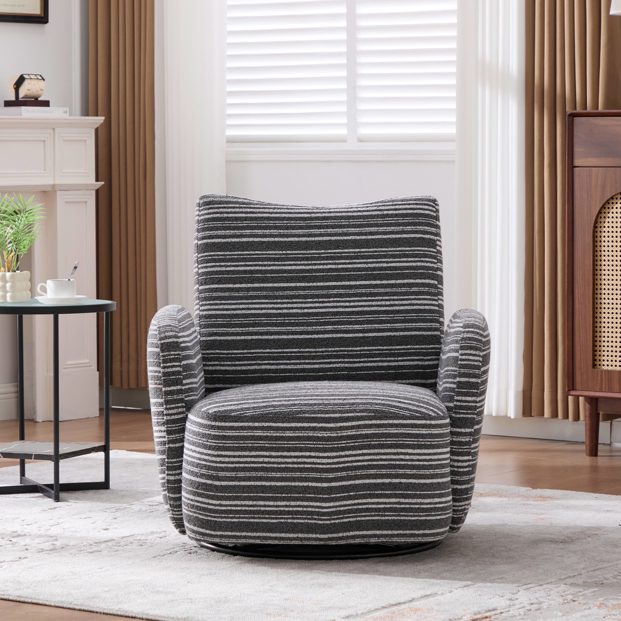 Modern Style 360° Swivel Leisure Chair Fabric Striped Armrest Swivel Chair with sand-rimmed fabric and metal bracket, suitable for living room, balcony and bedroom Accent Chair