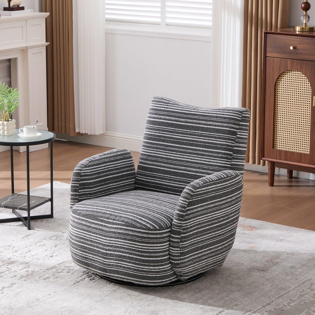 Modern Style 360° Swivel Leisure Chair Fabric Striped Armrest Swivel Chair with sand-rimmed fabric and metal bracket, suitable for living room, balcony and bedroom Accent Chair