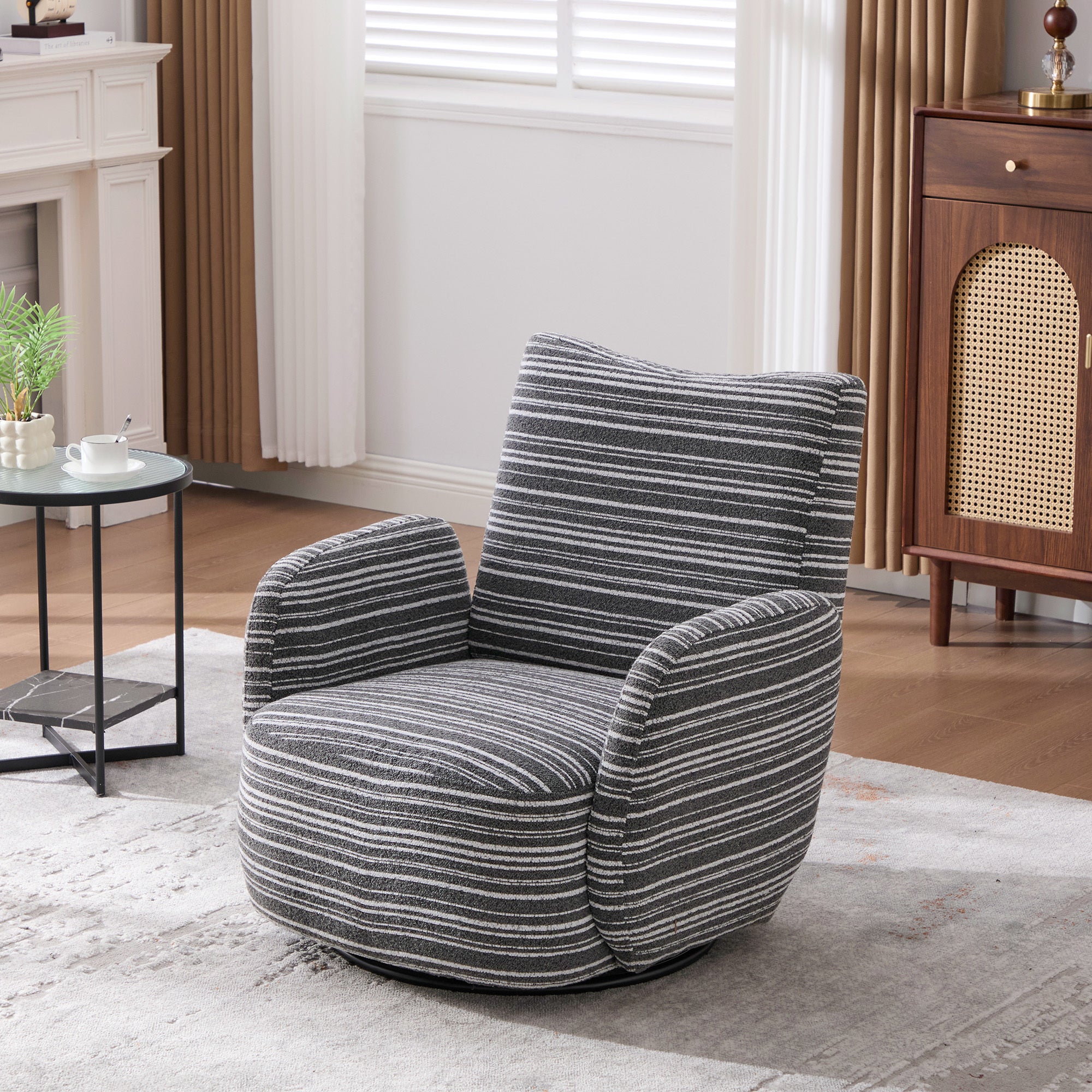 Modern Style 360° Swivel Leisure Chair Fabric Striped Armrest Swivel Chair with sand-rimmed fabric and metal bracket, suitable for living room, balcony and bedroom Accent Chair