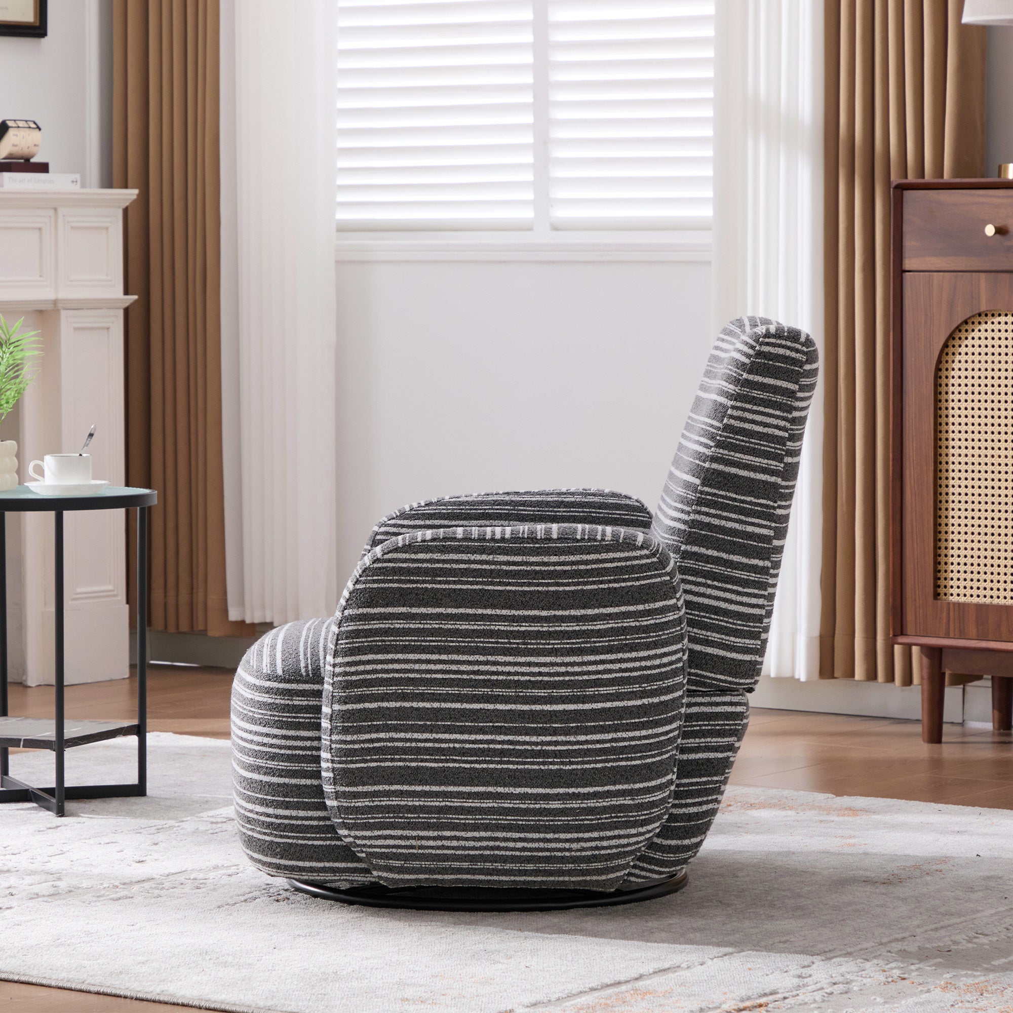 Modern Style 360° Swivel Leisure Chair Fabric Striped Armrest Swivel Chair with sand-rimmed fabric and metal bracket, suitable for living room, balcony and bedroom Accent Chair