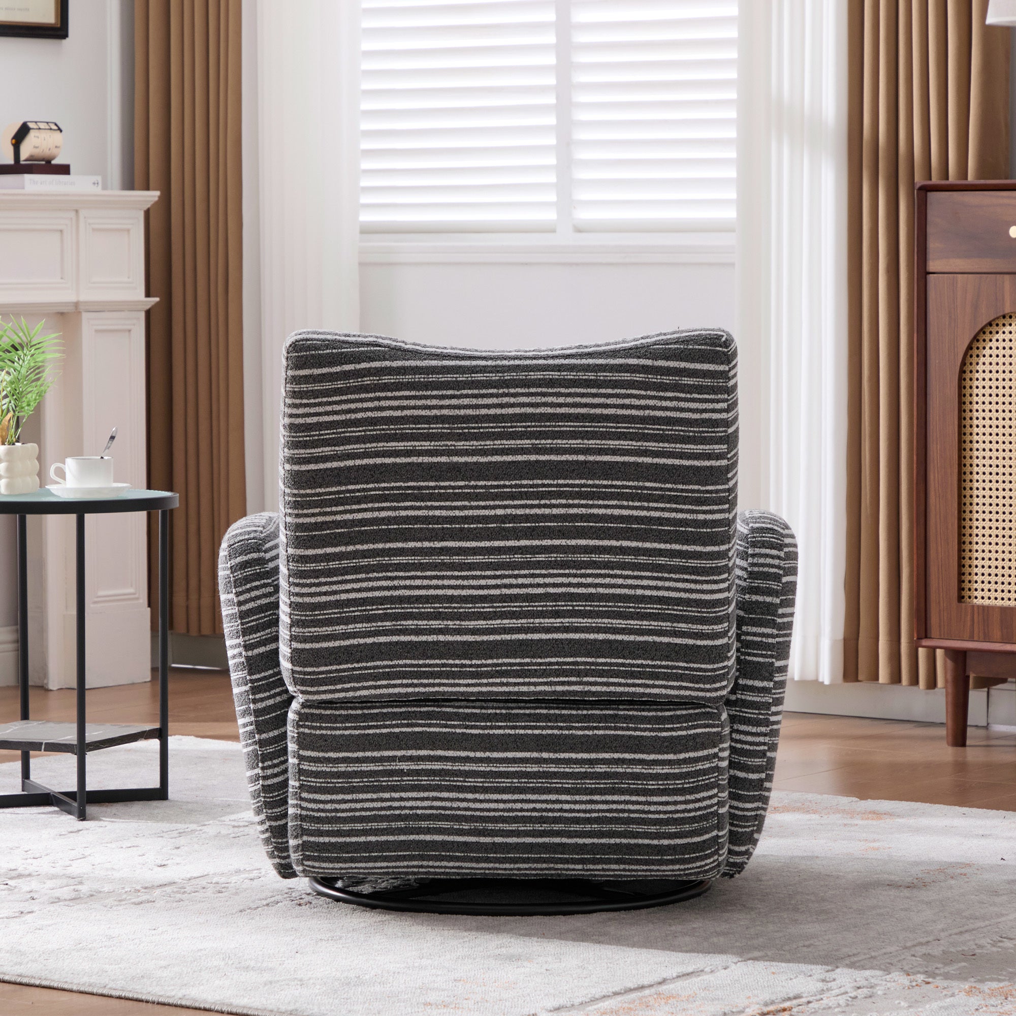 Modern Style 360° Swivel Leisure Chair Fabric Striped Armrest Swivel Chair with sand-rimmed fabric and metal bracket, suitable for living room, balcony and bedroom Accent Chair