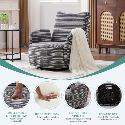 Modern Style 360° Swivel Leisure Chair Fabric Striped Armrest Swivel Chair with sand-rimmed fabric and metal bracket, suitable for living room, balcony and bedroom Accent Chair