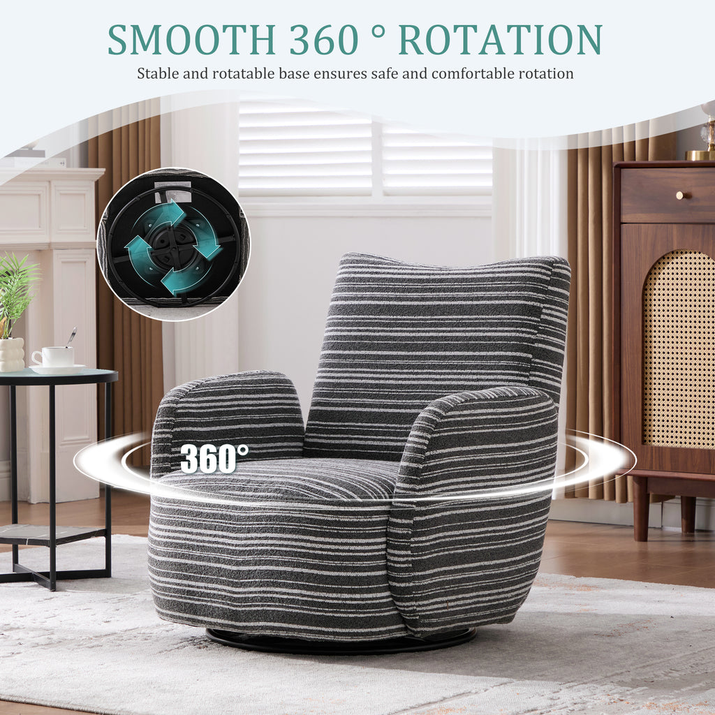 Modern Style 360° Swivel Leisure Chair Fabric Striped Armrest Swivel Chair with sand-rimmed fabric and metal bracket, suitable for living room, balcony and bedroom Accent Chair