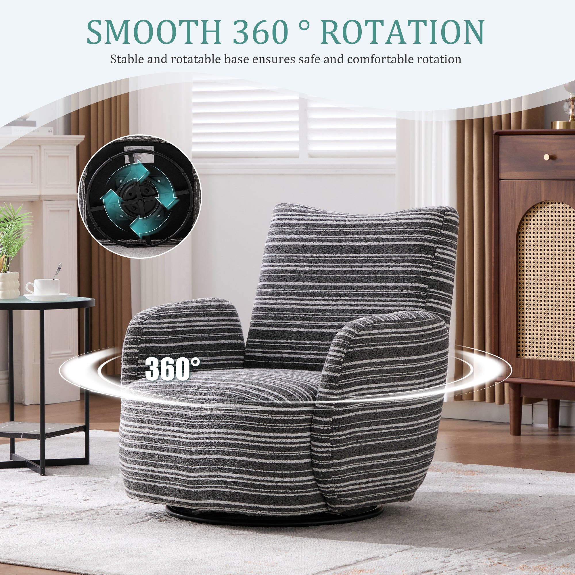 Modern Style 360° Swivel Leisure Chair Fabric Striped Armrest Swivel Chair with sand-rimmed fabric and metal bracket, suitable for living room, balcony and bedroom Accent Chair