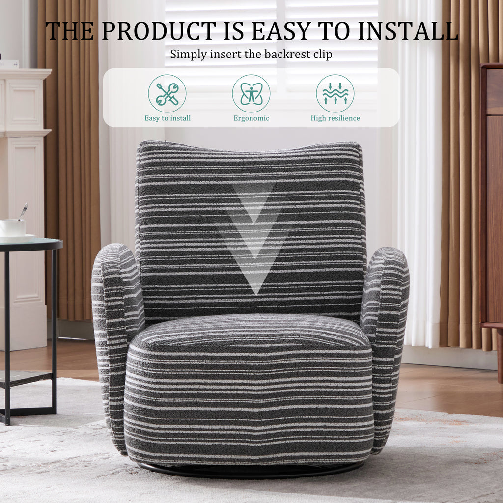 Modern Style 360° Swivel Leisure Chair Fabric Striped Armrest Swivel Chair with sand-rimmed fabric and metal bracket, suitable for living room, balcony and bedroom Accent Chair