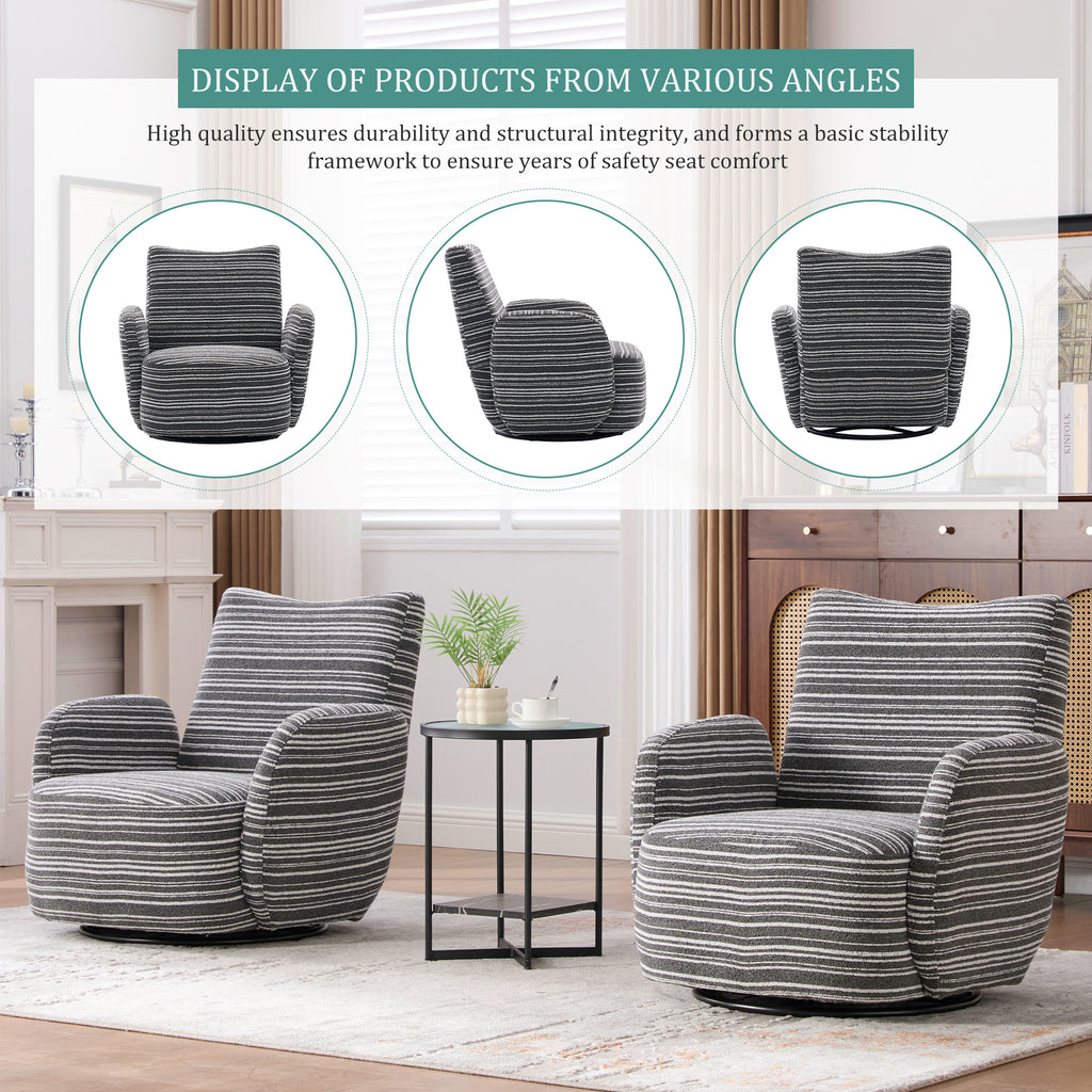 Modern Style 360° Swivel Leisure Chair Fabric Striped Armrest Swivel Chair with sand-rimmed fabric and metal bracket, suitable for living room, balcony and bedroom Accent Chair