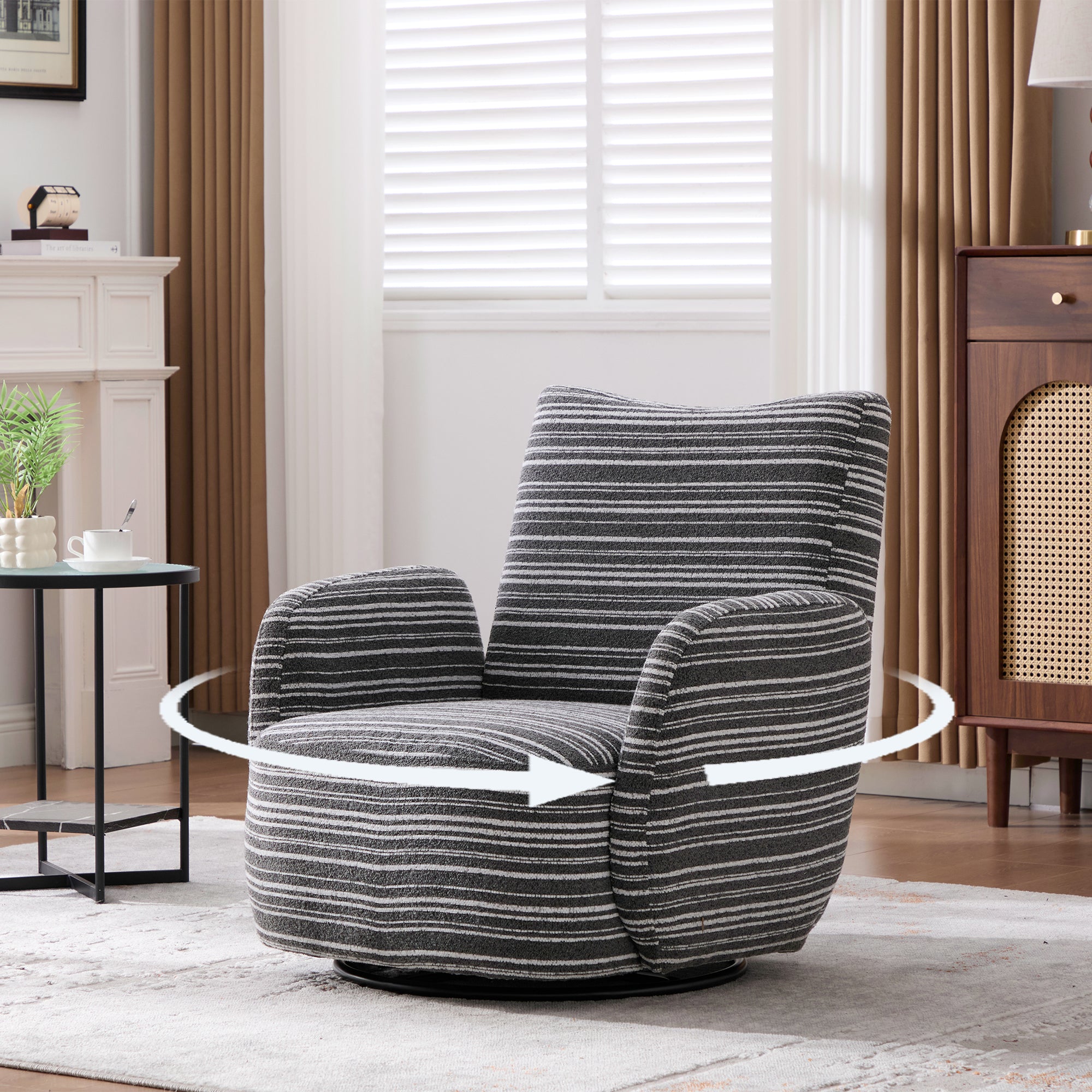 Modern Style 360° Swivel Leisure Chair Fabric Striped Armrest Swivel Chair with sand-rimmed fabric and metal bracket, suitable for living room, balcony and bedroom Accent Chair