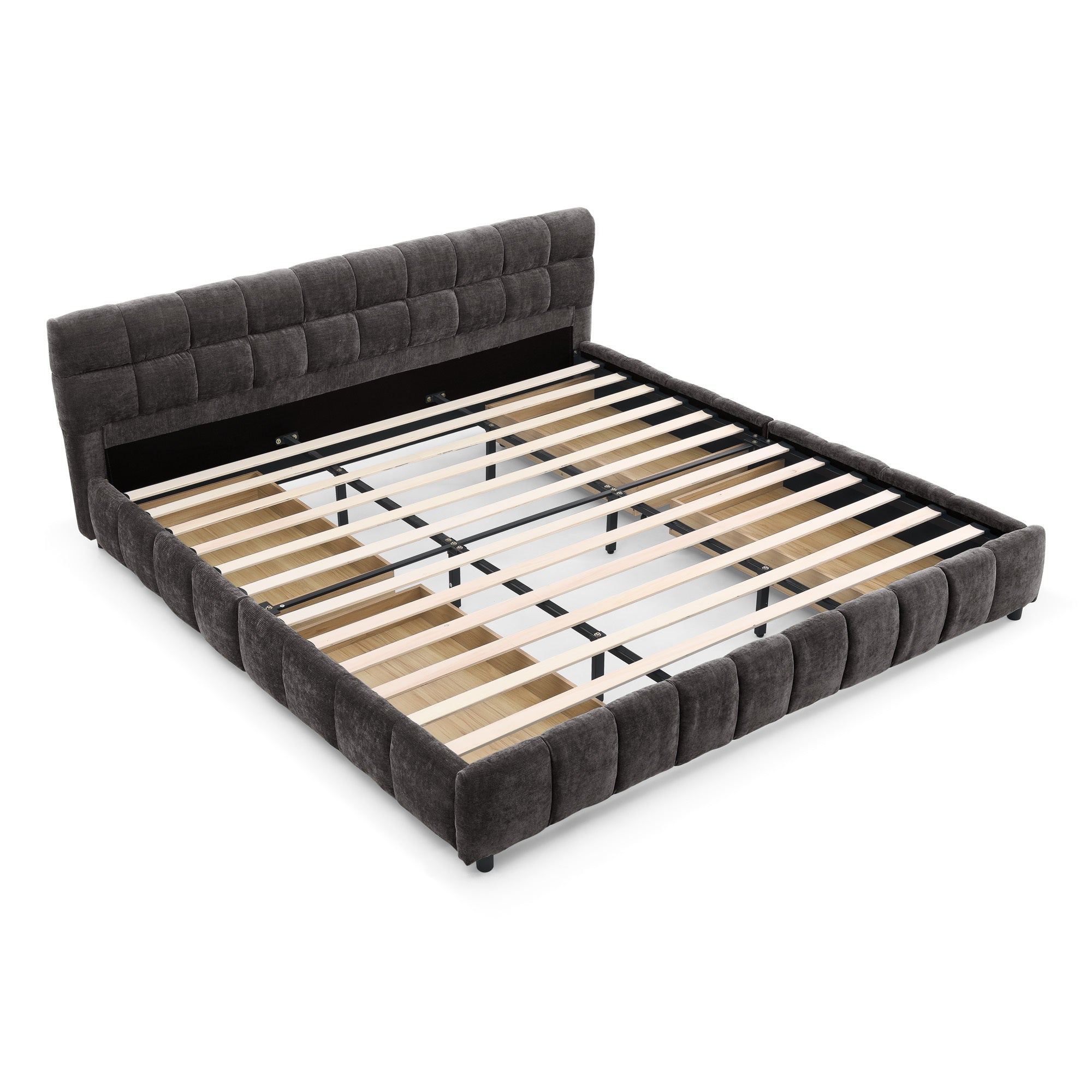 King Size Upholstered Bed ,comfortable upholstered bed frame, Chenille fabric, with headboard and solid bed frame. With drawer for storage.-Dark Gray(88.5''*85.5''*31'')
