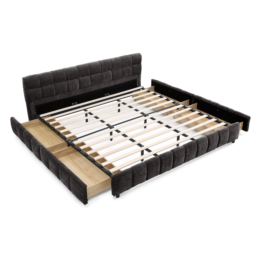 King Size Upholstered Bed ,comfortable upholstered bed frame, Chenille fabric, with headboard and solid bed frame. With drawer for storage.-Dark Gray(88.5''*85.5''*31'')