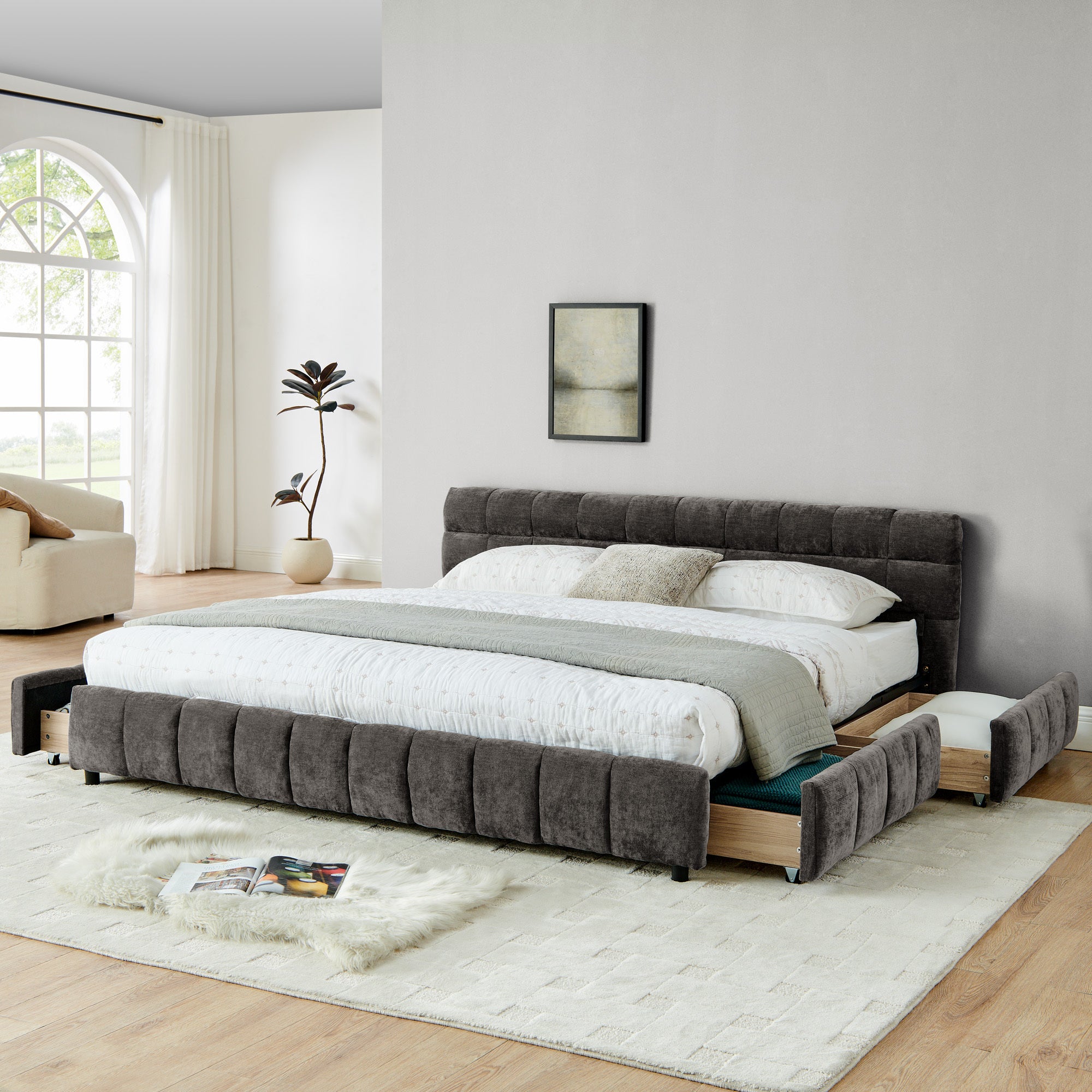 King Size Upholstered Bed ,comfortable upholstered bed frame, Chenille fabric, with headboard and solid bed frame. With drawer for storage.-Dark Gray(88.5''*85.5''*31'')