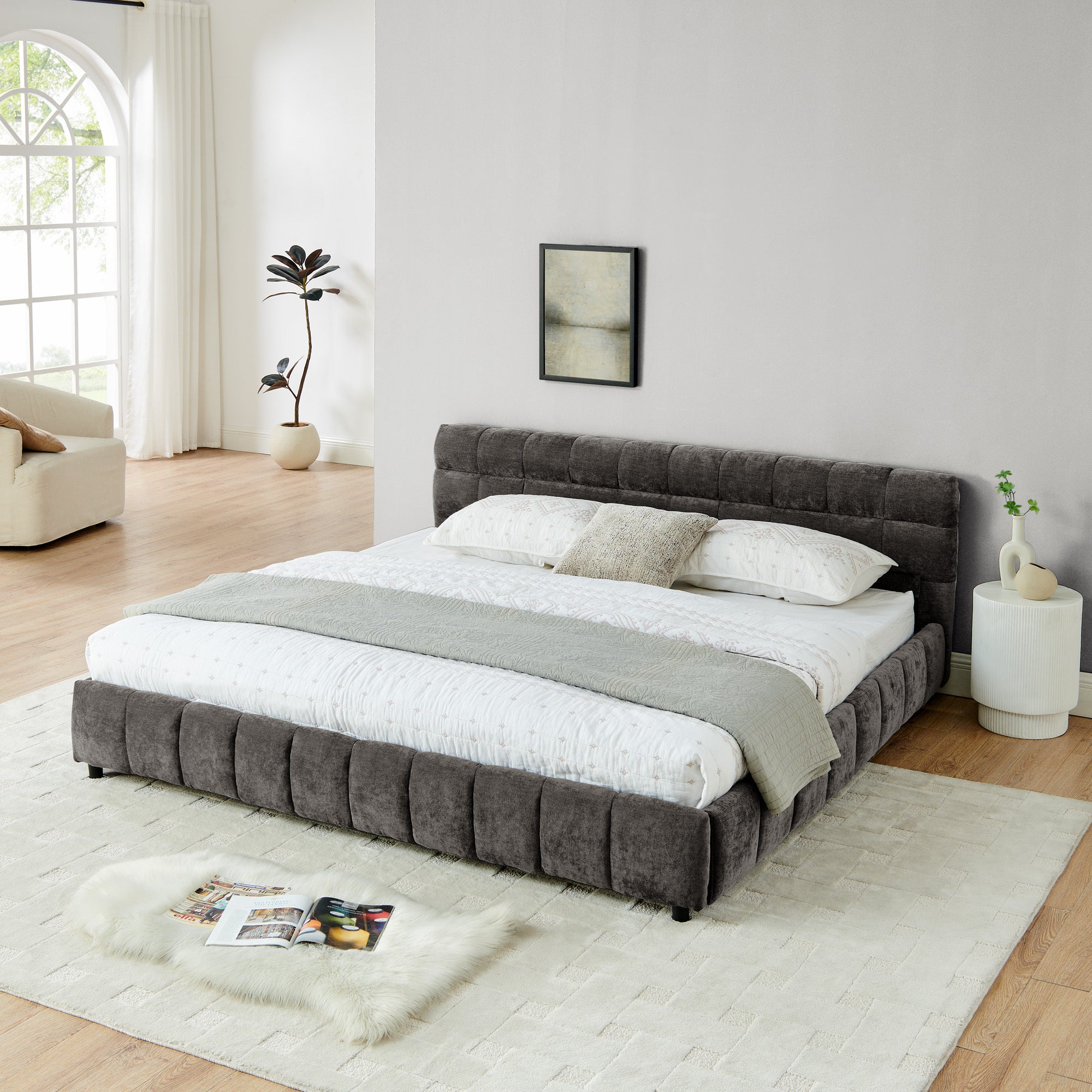 King Size Upholstered Bed ,comfortable upholstered bed frame, Chenille fabric, with headboard and solid bed frame. With drawer for storage.-Dark Gray(88.5''*85.5''*31'')