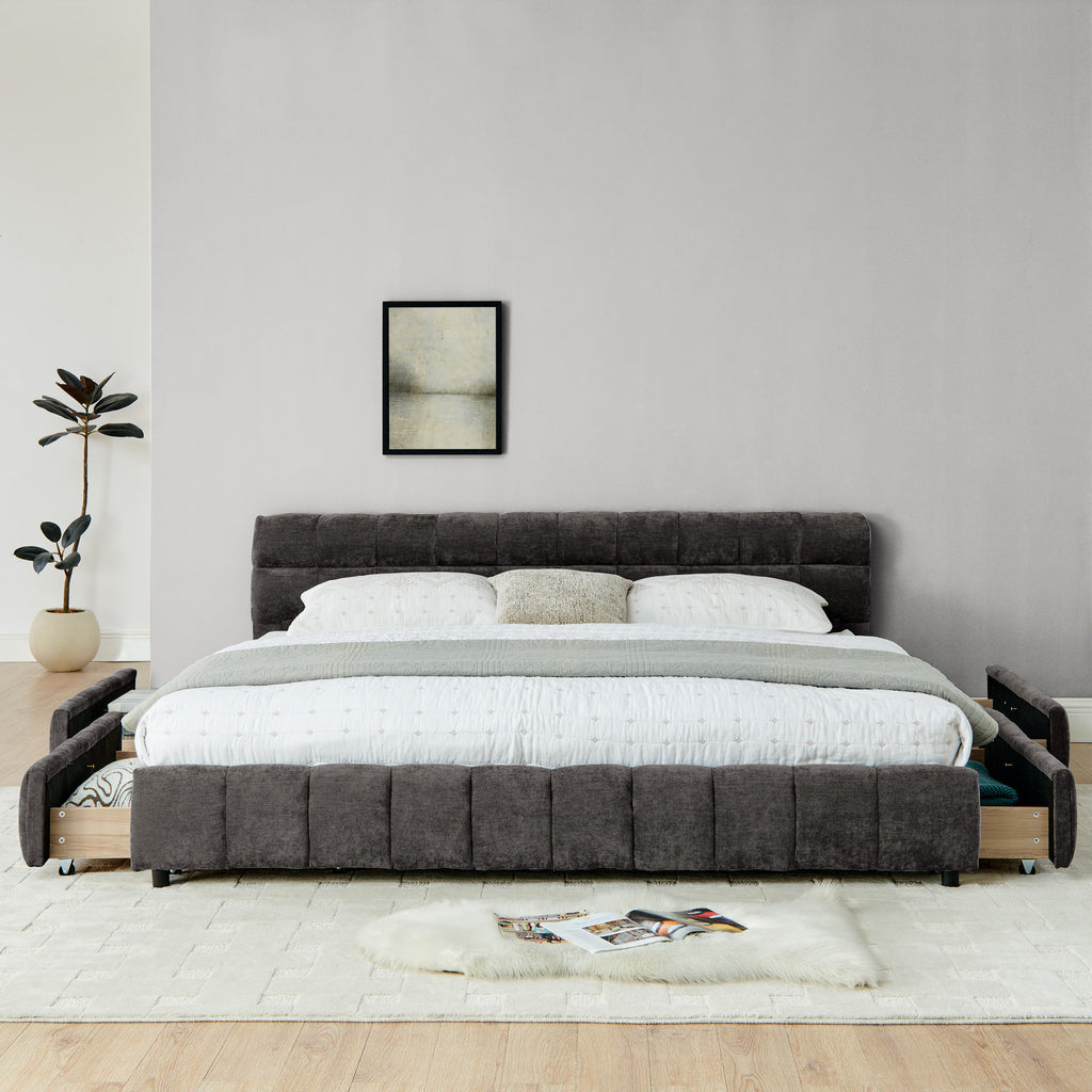 King Size Upholstered Bed ,comfortable upholstered bed frame, Chenille fabric, with headboard and solid bed frame. With drawer for storage.-Dark Gray(88.5''*85.5''*31'')