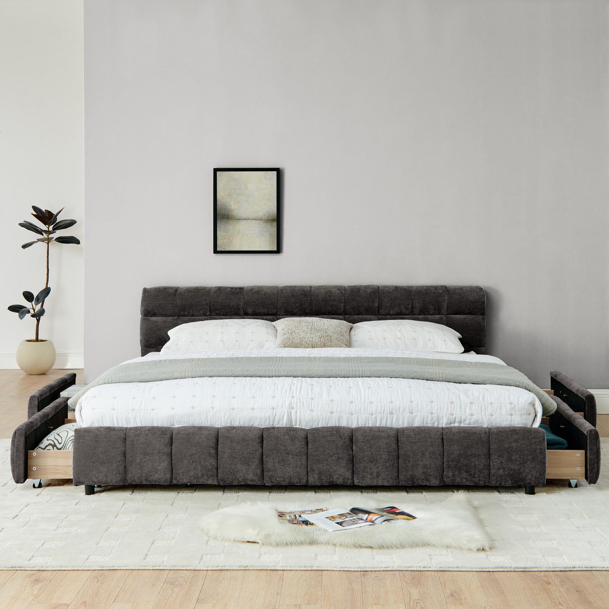King Size Upholstered Bed ,comfortable upholstered bed frame, Chenille fabric, with headboard and solid bed frame. With drawer for storage.-Dark Gray(88.5''*85.5''*31'')