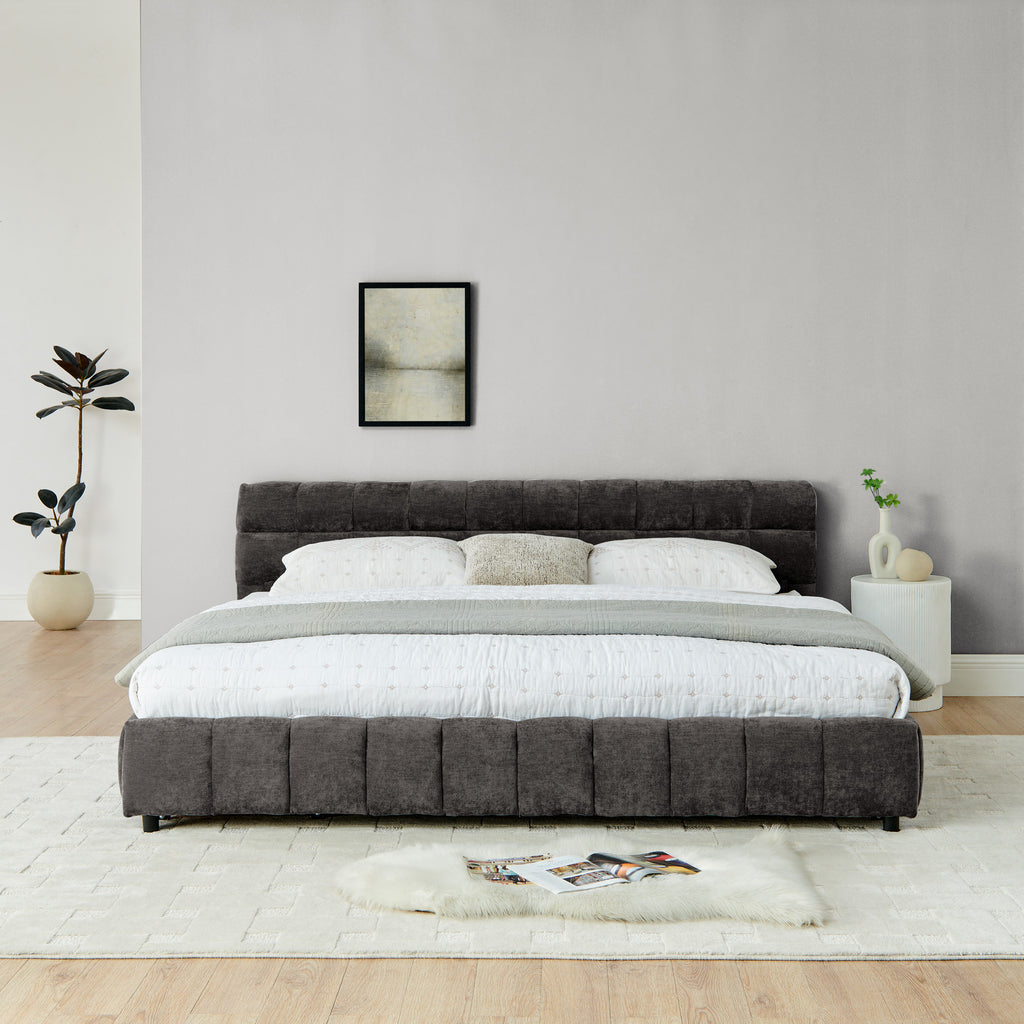 King Size Upholstered Bed ,comfortable upholstered bed frame, Chenille fabric, with headboard and solid bed frame. With drawer for storage.-Dark Gray(88.5''*85.5''*31'')