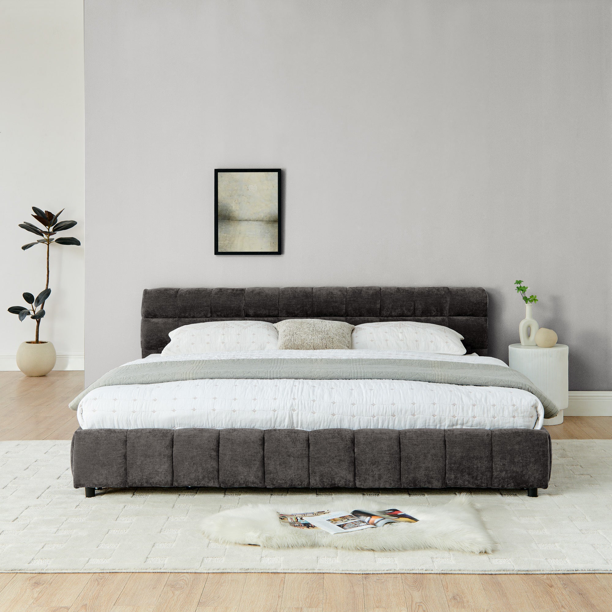 King Size Upholstered Bed ,comfortable upholstered bed frame, Chenille fabric, with headboard and solid bed frame. With drawer for storage.-Dark Gray(88.5''*85.5''*31'')