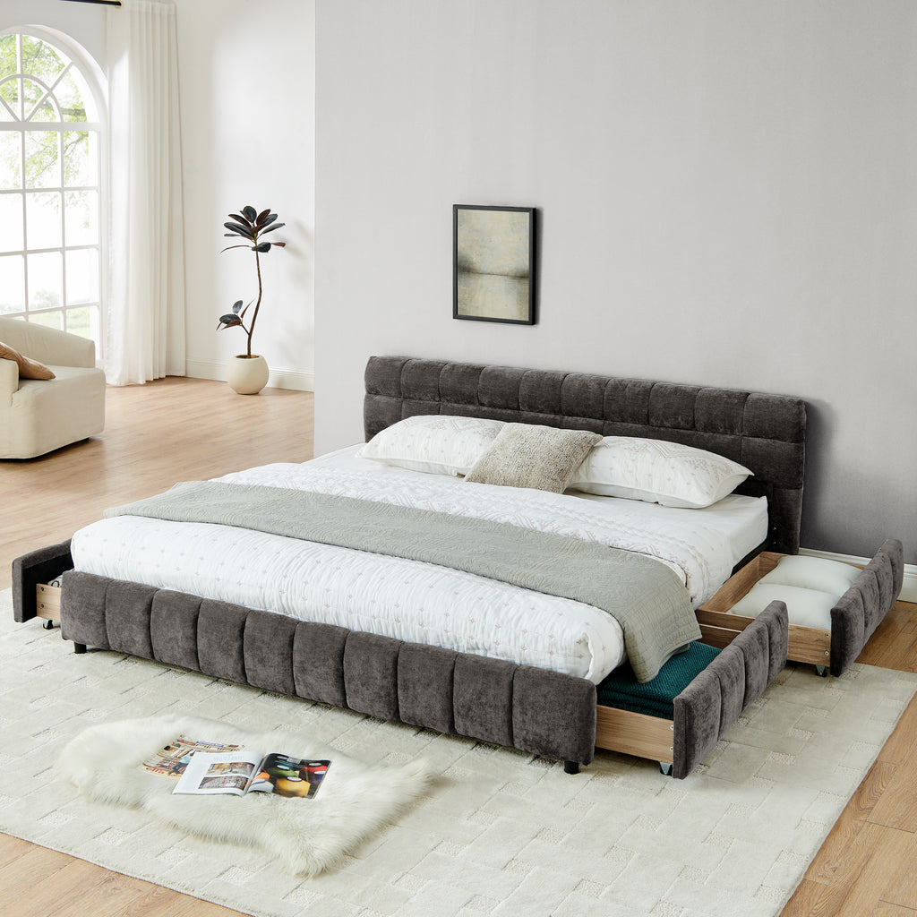 King Size Upholstered Bed ,comfortable upholstered bed frame, Chenille fabric, with headboard and solid bed frame. With drawer for storage.-Dark Gray(88.5''*85.5''*31'')