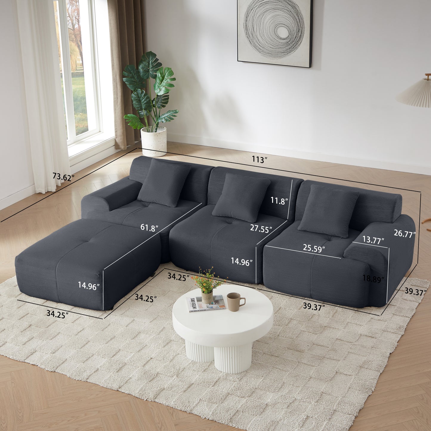 113' Modern L-Shaped Modular Sectional Sofa for Living Room, Corduroy Upholstery dark gray, Oversized 3-Seater Couch with Deep Seat and Movable Ottoman – No Assembly
