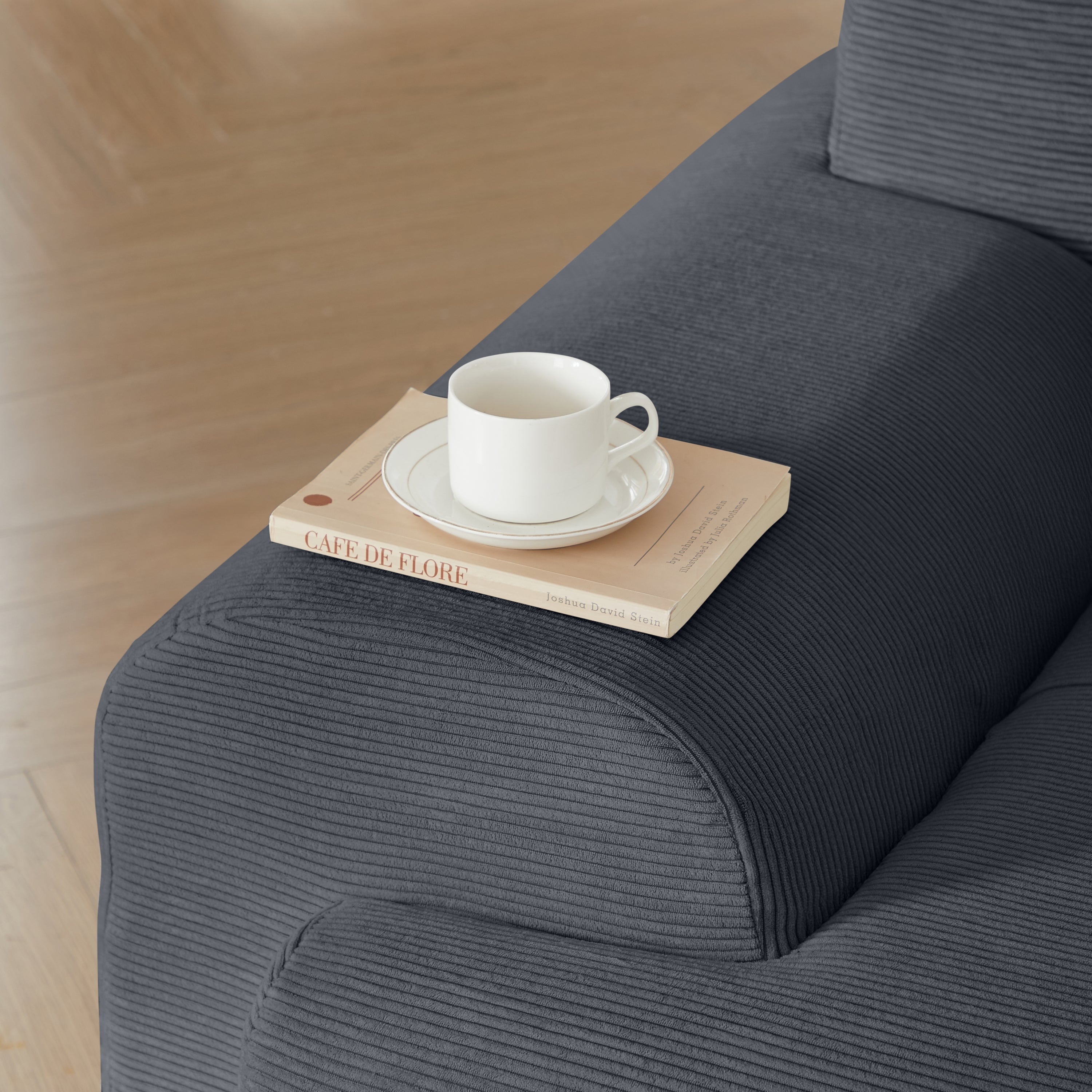 113' Modern L-Shaped Modular Sectional Sofa for Living Room, Corduroy Upholstery dark gray, Oversized 3-Seater Couch with Deep Seat and Movable Ottoman – No Assembly