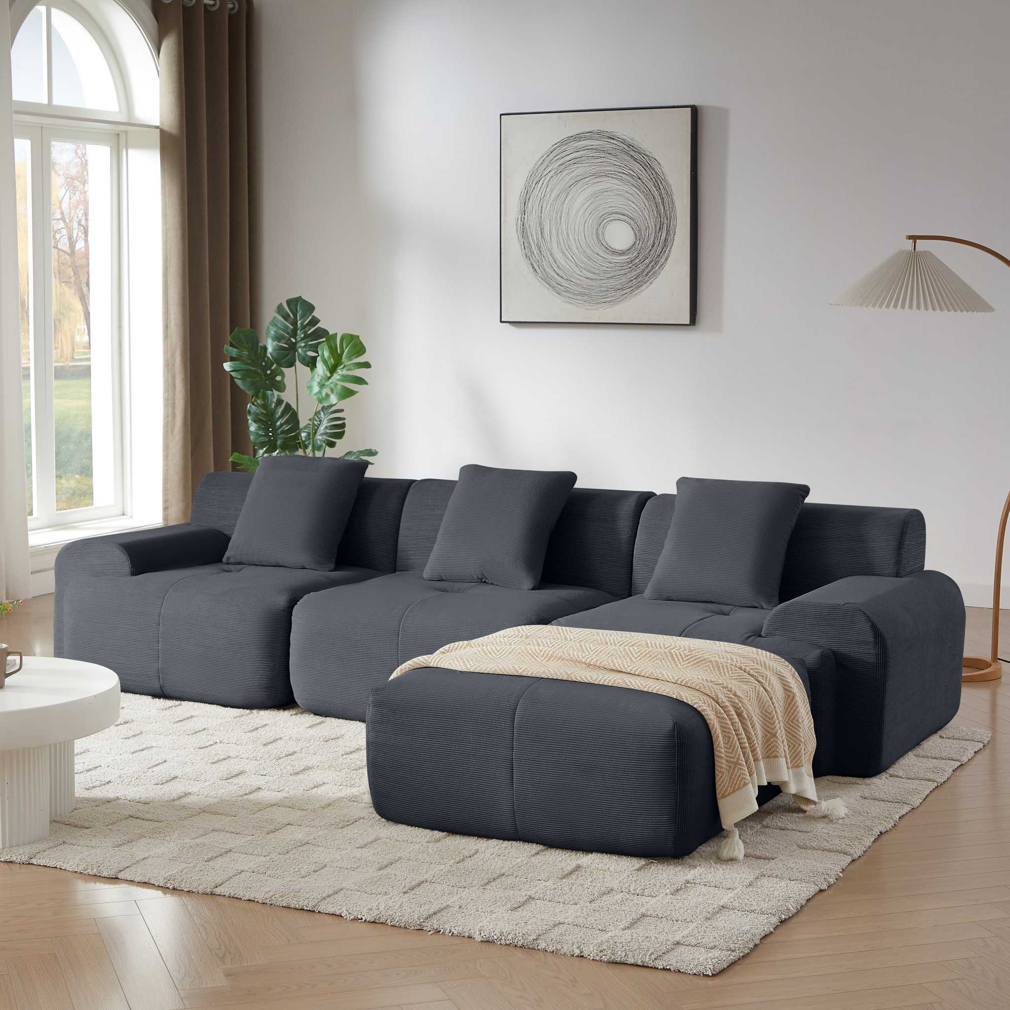 113' Modern L-Shaped Modular Sectional Sofa for Living Room, Corduroy Upholstery dark gray, Oversized 3-Seater Couch with Deep Seat and Movable Ottoman – No Assembly