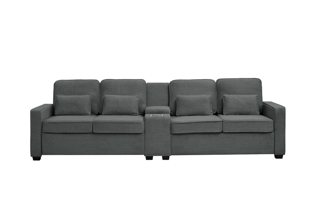 114' Upholstered Sofa with Console, 2 Cupholders and 3 USB Ports Wired , Modern Linen Fabric Couches with 4 Pillows for Living Room, Apartment (4-Seat) Dark Gray