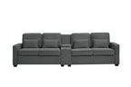 114' Upholstered Sofa with Console, 2 Cupholders and 3 USB Ports Wired , Modern Linen Fabric Couches with 4 Pillows for Living Room, Apartment (4-Seat) Dark Gray