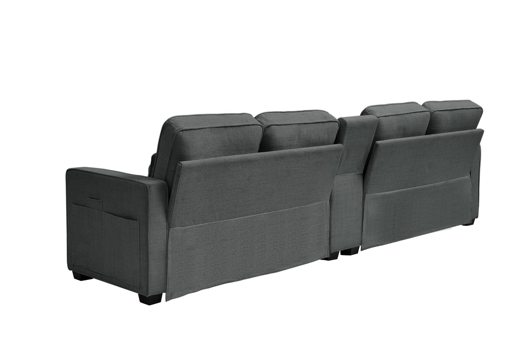 114' Upholstered Sofa with Console, 2 Cupholders and 3 USB Ports Wired , Modern Linen Fabric Couches with 4 Pillows for Living Room, Apartment (4-Seat) Dark Gray