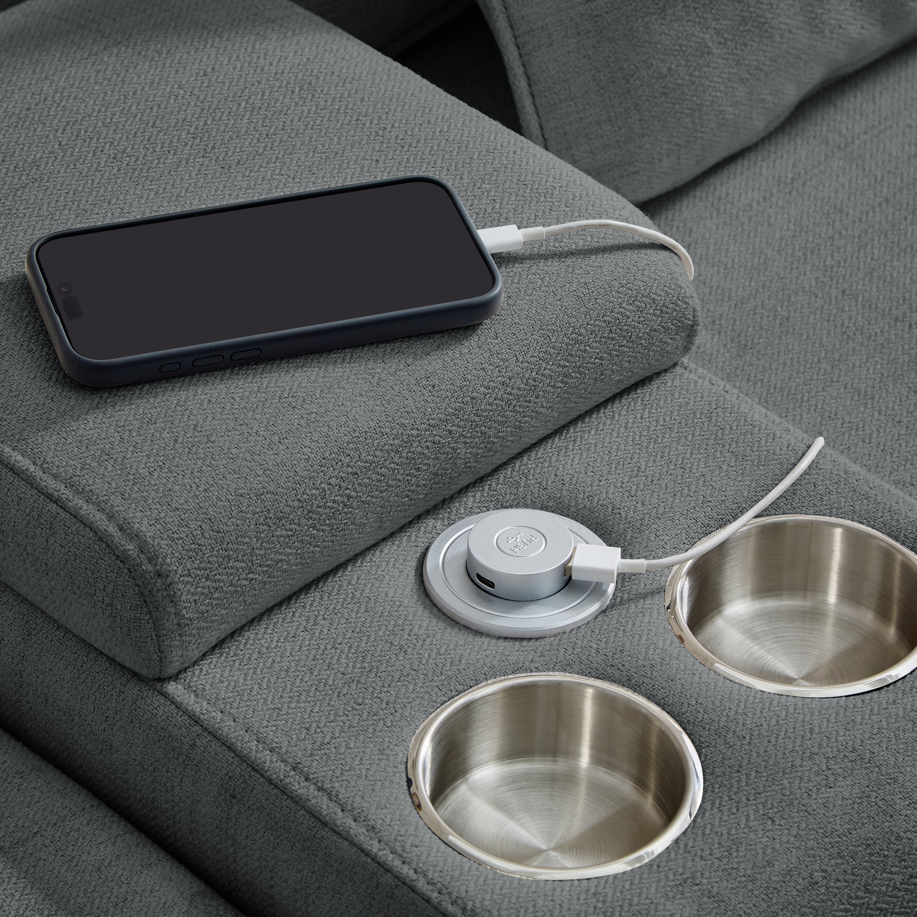 114' Upholstered Sofa with Console, 2 Cupholders and 3 USB Ports Wired , Modern Linen Fabric Couches with 4 Pillows for Living Room, Apartment (4-Seat) Dark Gray