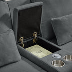 114' Upholstered Sofa with Console, 2 Cupholders and 3 USB Ports Wired , Modern Linen Fabric Couches with 4 Pillows for Living Room, Apartment (4-Seat) Dark Gray