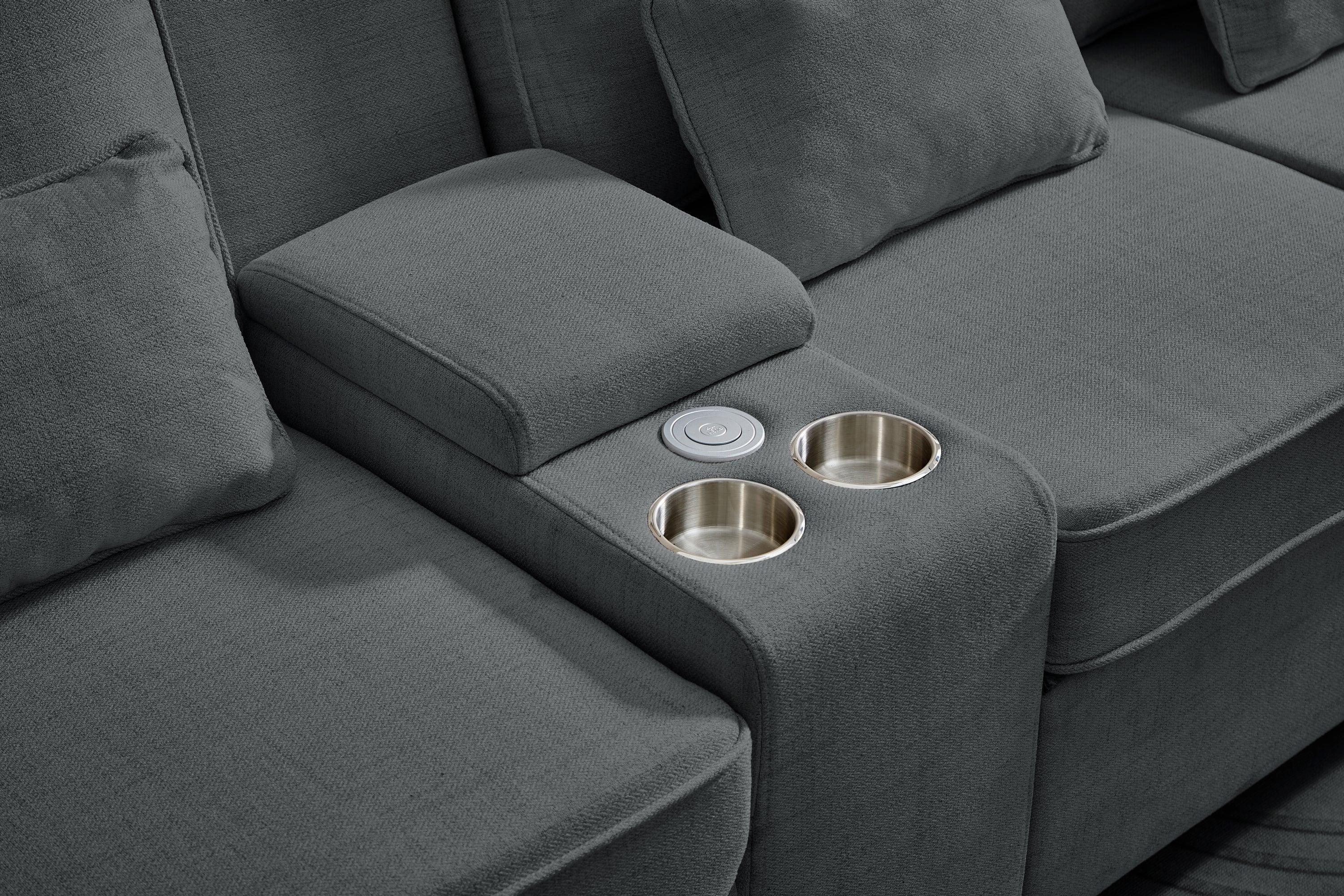 114' Upholstered Sofa with Console, 2 Cupholders and 3 USB Ports Wired , Modern Linen Fabric Couches with 4 Pillows for Living Room, Apartment (4-Seat) Dark Gray