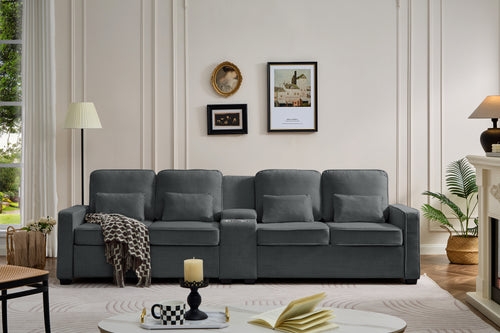 Dark Gray Linen 4-Seat Sofa with Console and USB Ports.