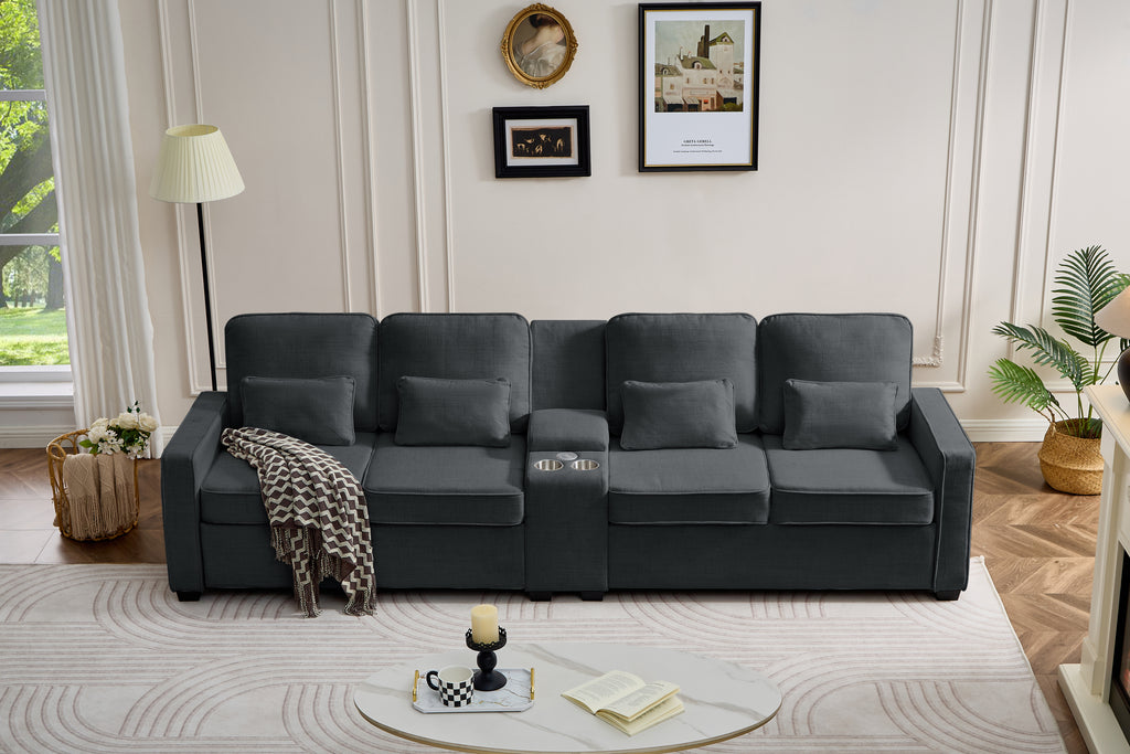 114' Upholstered Sofa with Console, 2 Cupholders and 3 USB Ports Wired , Modern Linen Fabric Couches with 4 Pillows for Living Room, Apartment (4-Seat) Dark Gray