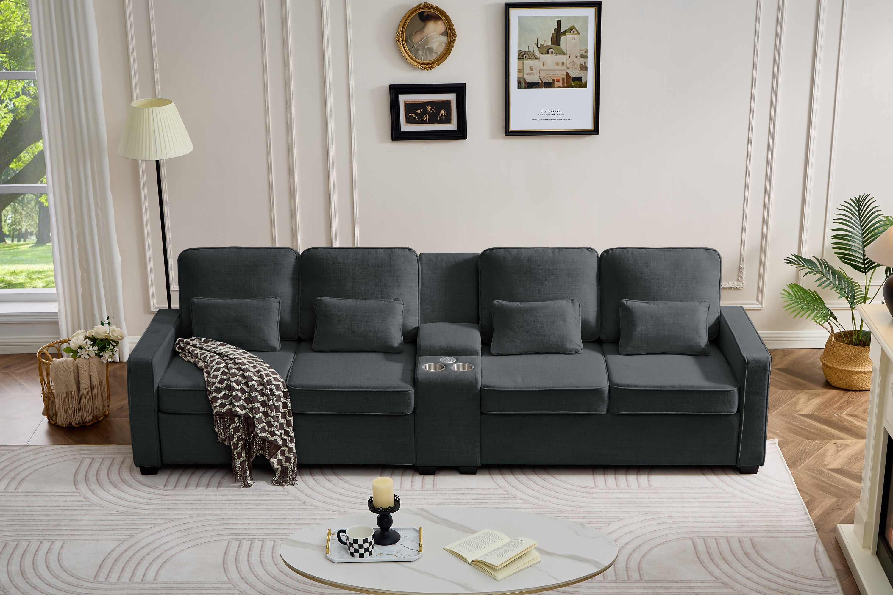 114' Upholstered Sofa with Console, 2 Cupholders and 3 USB Ports Wired , Modern Linen Fabric Couches with 4 Pillows for Living Room, Apartment (4-Seat) Dark Gray