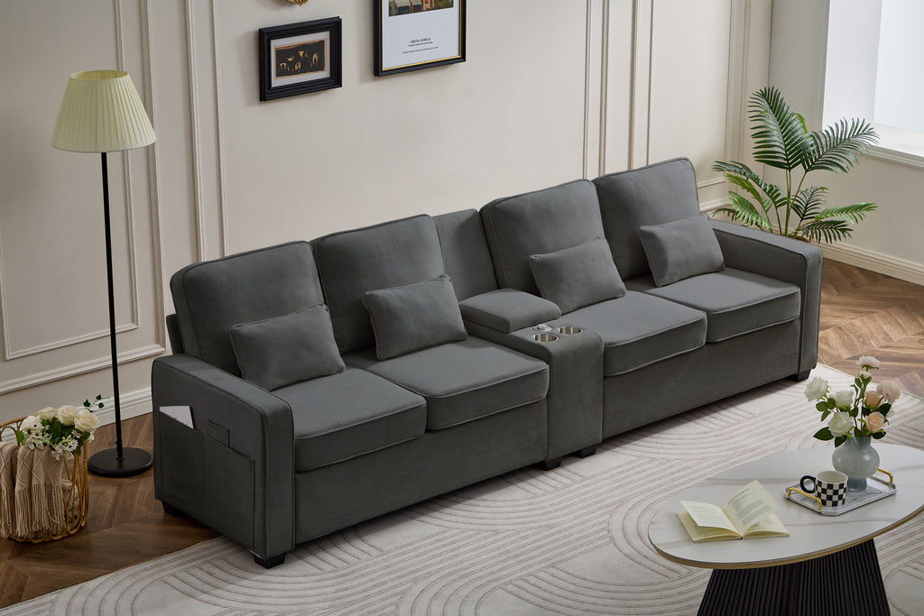 114' Upholstered Sofa with Console, 2 Cupholders and 3 USB Ports Wired , Modern Linen Fabric Couches with 4 Pillows for Living Room, Apartment (4-Seat) Dark Gray