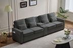 114' Upholstered Sofa with Console, 2 Cupholders and 3 USB Ports Wired , Modern Linen Fabric Couches with 4 Pillows for Living Room, Apartment (4-Seat) Dark Gray