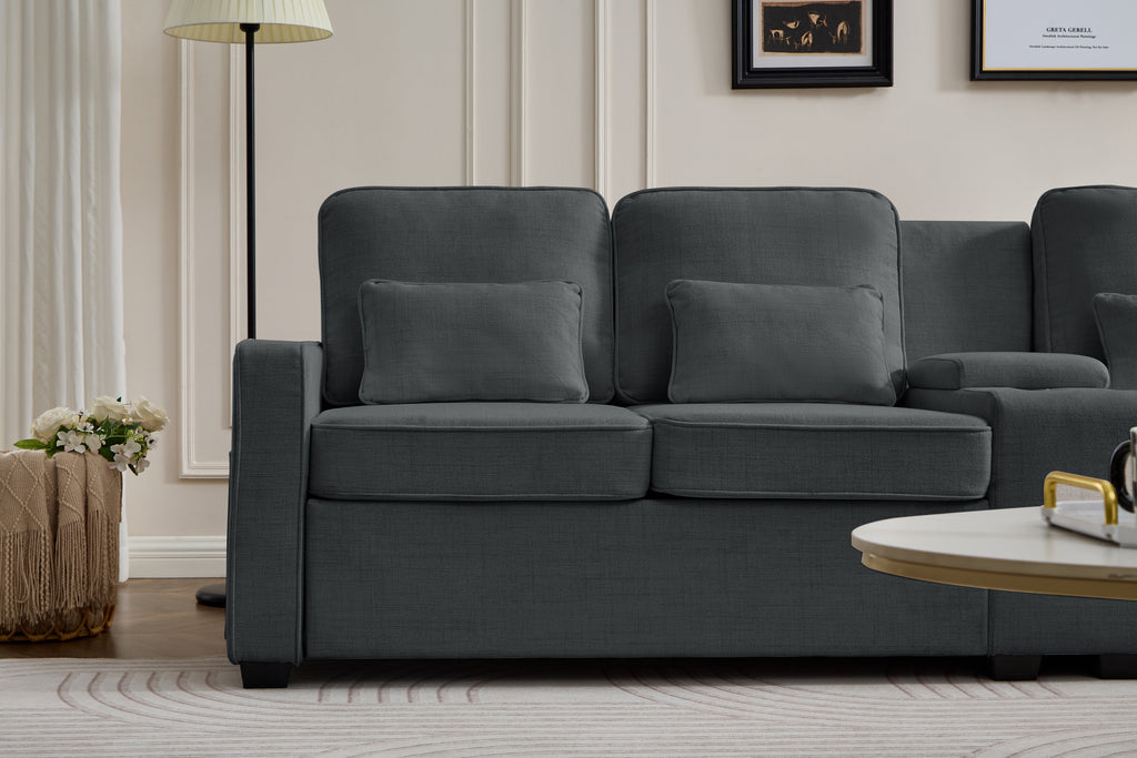 114' Upholstered Sofa with Console, 2 Cupholders and 3 USB Ports Wired , Modern Linen Fabric Couches with 4 Pillows for Living Room, Apartment (4-Seat) Dark Gray