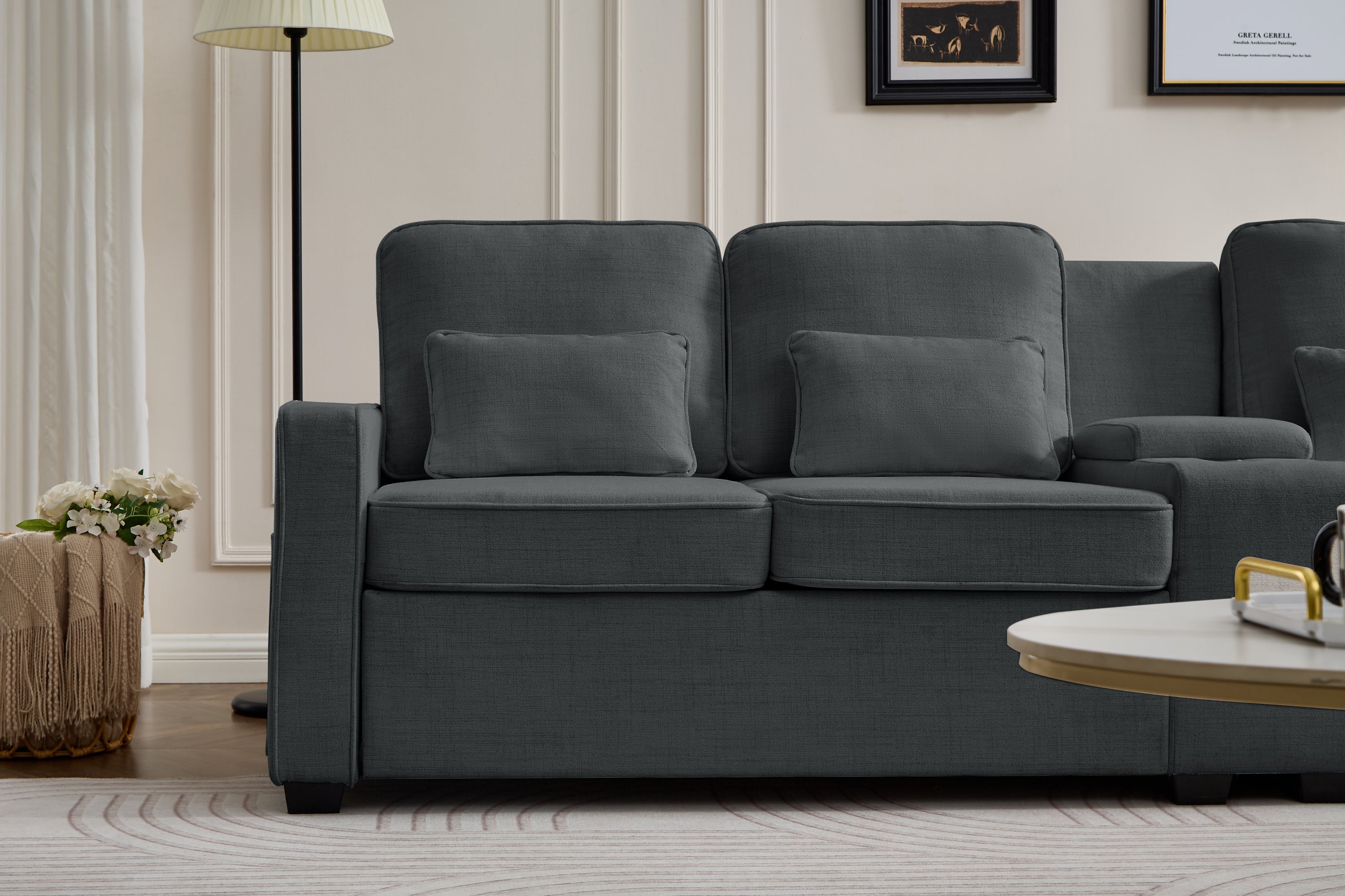 114' Upholstered Sofa with Console, 2 Cupholders and 3 USB Ports Wired , Modern Linen Fabric Couches with 4 Pillows for Living Room, Apartment (4-Seat) Dark Gray