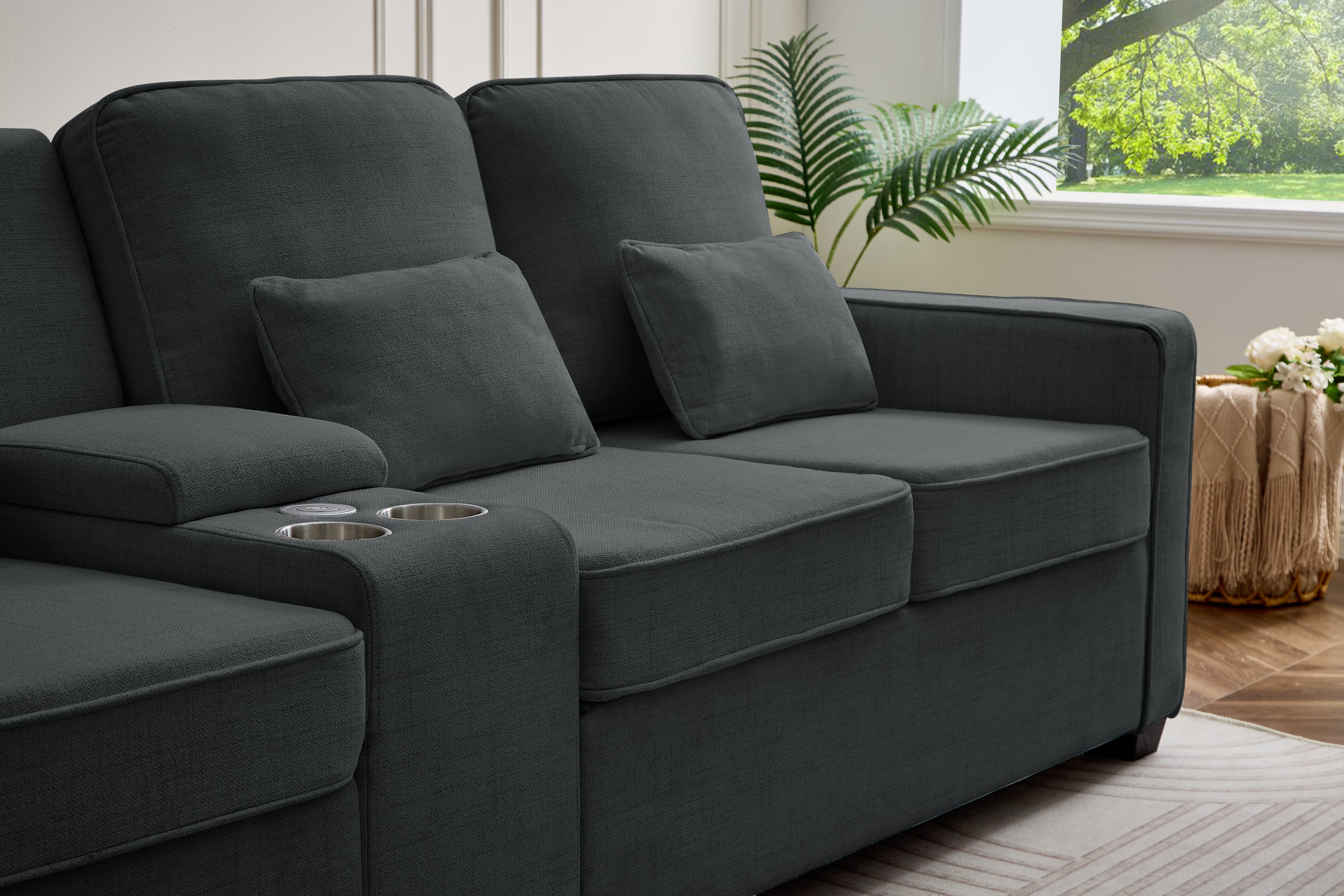 114' Upholstered Sofa with Console, 2 Cupholders and 3 USB Ports Wired , Modern Linen Fabric Couches with 4 Pillows for Living Room, Apartment (4-Seat) Dark Gray