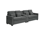 114' Upholstered Sofa with Console, 2 Cupholders and 3 USB Ports Wired , Modern Linen Fabric Couches with 4 Pillows for Living Room, Apartment (4-Seat) Dark Gray
