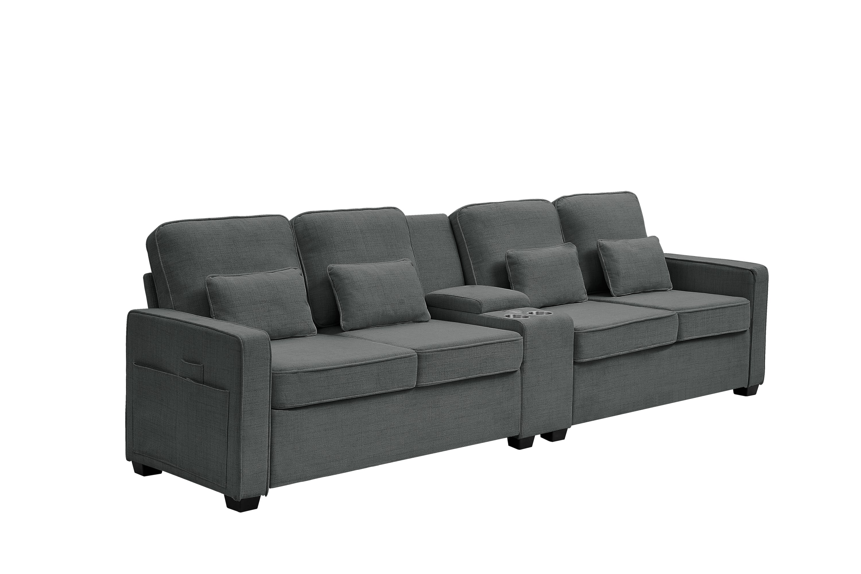 114' Upholstered Sofa with Console, 2 Cupholders and 3 USB Ports Wired , Modern Linen Fabric Couches with 4 Pillows for Living Room, Apartment (4-Seat) Dark Gray