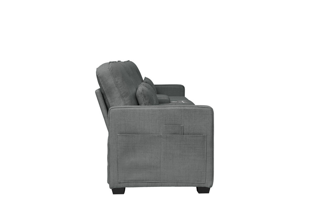 114' Upholstered Sofa with Console, 2 Cupholders and 3 USB Ports Wired , Modern Linen Fabric Couches with 4 Pillows for Living Room, Apartment (4-Seat) Dark Gray