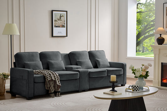 114' Upholstered Sofa with Console, 2 Cupholders and 3 USB Ports Wired , Modern Linen Fabric Couches with 4 Pillows for Living Room, Apartment (4-Seat) Dark Gray