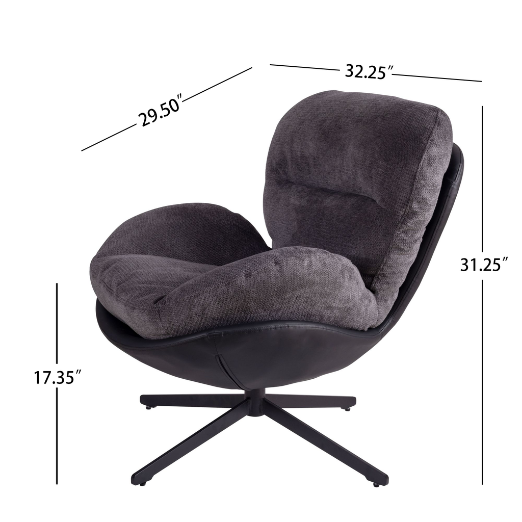 360° Swivel Office Chair, Modern Chenille Chair with Faux Leather and Black Metal Base Frame, No Wheels, Accent Chair for Small Spaces, Living Room, Bedroom, Reading Corner, Office, Dark Gray
