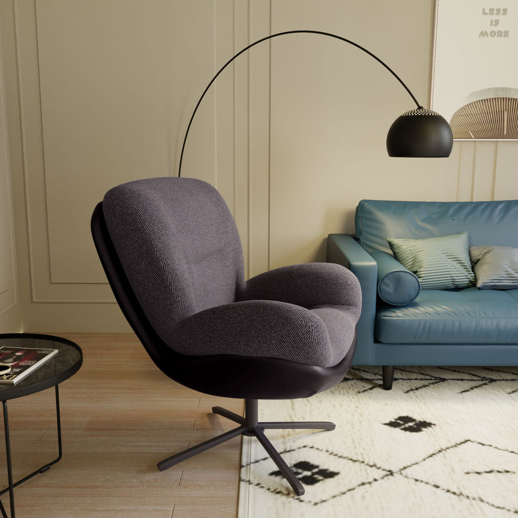 360° Swivel Office Chair, Modern Chenille Chair with Faux Leather and Black Metal Base Frame, No Wheels, Accent Chair for Small Spaces, Living Room, Bedroom, Reading Corner, Office, Dark Gray